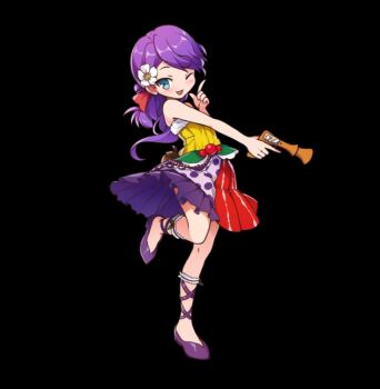 bare_shoulders black_background blue_eyes blush bow breasts dress flower folded_ponytail full_body gun hair_bow hair_flower hair_ornament hand_up holding holding_gun holding_weapon index_finger_raised leaf leg_ribbon liddy_(merc_storia) long_hair merc_storia merc_storia_art_team official_art one_eye_closed open_mouth outstretched_arm purple_hair red_bow ribbon simple_background small_breasts smile solo standing standing_on_one_leg strapless strapless_dress tachi-e weapon white_flower