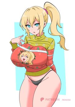 1girl ahegao black_panties blonde_hair blue_eyes breasts character_print christmas christmas_sweater christmas_tree_print large_breasts long_hair long_sleeves looking_at_viewer metroid mistletoe_print momocka-art nintendo open_mouth panties ponytail print_sweater red_sweater samus_aran snowflake_print standing sweater thick_thighs thighs turtleneck turtleneck_sweater underwear white_background