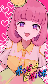 Rule 34 | 1girl, :d, absurdres, blunt bangs, character name, clothing cutout, commentary, dress, green dress, hair ornament, heart, highres, kamen rider, kamen rider ex-aid (series), looking at viewer, mole, mole under eye, multicolored dress, necktie, open mouth, pink background, pink hair, pixels, poppi pipopapo, purple eyes, short hair, shoulder cutout, smile, solo, tnkudonya, tokusatsu, white dress, yellow dress, yellow necktie