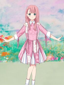 1girl 22/7 asymmetrical_bangs blunt_bangs boots closed_mouth dress feet_out_of_frame green_eyes highres kamiki_mikami long_hair looking_at_viewer outdoors outstretched_arms pink_dress pink_hair pink_ribbon ribbon smile solo spread_arms standing straight-on three-quarter_sleeves uwuvppeofftjdpl white_boots