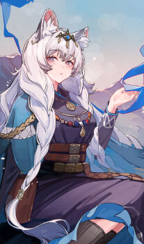 1girl animal_ear_fluff animal_ears arknights black_dress blue_cape blue_ribbon blush braid braided_sidelocks breasts cape chongchongbao_mushi commentary_request dress grey_eyes hair_ornament highres large_breasts long_hair looking_at_viewer mountain official_alternate_costume pramanix_(arknights) pramanix_the_prerita_(arknights) ribbon sidelocks snow_leopard_ears snow_leopard_girl snow_leopard_tail solo tail tiara very_long_hair white_hair
