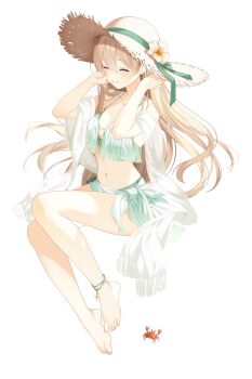 1girl ^_^ barefoot bikini blush breasts brown_hair brown_hat cleavage closed_eyes flower fringe_trim green_bikini hair_between_eyes hands_up hat hat_flower highres loading_(verjuice) long_hair medium_breasts navel original shawl simple_background smile solo straw_hat swimsuit very_long_hair white_background white_flower