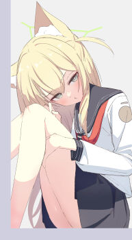 1girl :t absurdres animal_ear_fluff animal_ears black_sailor_collar black_skirt blonde_hair blue_archive blush bright_pupils closed_mouth commentary_request feet_out_of_frame fox_ears fox_girl from_side green_eyes green_halo grey_background hair_between_eyes halo hands_up highres hugging_own_legs knees_up kurumi_(blue_archive) long_hair long_sleeves looking_at_viewer miniskirt neckerchief pleated_skirt pout red_neckerchief ria_(52266382) sailor_collar school_uniform serafuku shirt sidelocks simple_background sitting skirt solo thighs two_side_up white_pupils white_shirt