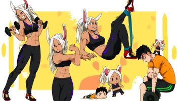 1boy 1girl abs animal_ears artist_self-insert boku_no_hero_academia breasts chibi cleavage commentary dark-skinned_female dark_skin dashi_(dashiart) dragging dumbbell exercising grin highres long_hair looking_at_viewer medium_breasts mirko multiple_views muscular muscular_female navel ponytail rabbit_ears rabbit_girl rabbit_tail red_eyes skin_tight smile sports_bra stretching tail white_hair