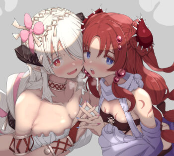 2girls bare_shoulders black_tube_top blue_eyes blush breasts collarbone commentary_request duel_monster fang grey_background highres large_breasts long_hair multiple_girls pandouble71781 red_eyes red_hair simple_background small_breasts strapless traptrix_atypus traptrix_pinguicula tube_top upper_body white_hair white_tube_top yu-gi-oh!