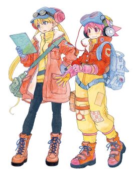Rule 34 | 2girls, adjusting clothes, adjusting gloves, azuma kiyohiko, backpack, bag, blonde hair, blue eyes, blush, boots, full body, gloves, goggles, goggles on head, goggles on headwear, hand on own hip, hat, headphones, highres, holding, jacket, long hair, long sleeves, multiple girls, official art, open mouth, pants, patch, pink eyes, pink hair, pocket, reset (wonder festival), short hair, simple background, smile, spiked hair, standing, turtleneck, twintails, wanda (wonder festival), white background, wonder festival