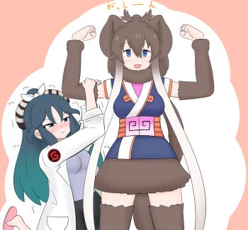 2girls :t absurdres animal_ears belt black_skirt blue_eyes blue_kimono blush bow brown_hair brown_skirt brown_sleeves brown_thighhighs coat detached_sleeves elephant_ears elephant_girl elephant_tail fur_(clothing) fur_thighhighs gradient_hair green_eyes green_hair hair_between_eyes hair_bow hanging_on_arm height_difference highres japanese_clothes japari_symbol kako_(kemono_friends) kemono_friends kimono lab_coat long_hair mammoth_(kemono_friends) multicolored_hair multiple_girls obi open_clothes open_coat open_mouth orange_belt pink_slippers purple_shirt sash shirt sidelocks skirt sleeveless sleeveless_kimono slippers smile suiuusuiu thighhighs white_bow white_hair white_trim