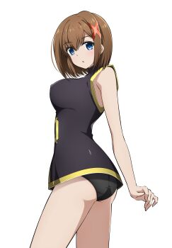 Rule 34 | 1girl, absurdres, ass, black panties, blue eyes, blush, breasts, brown hair, covered erect nipples, hair ornament, highres, large breasts, looking at viewer, lyrical nanoha, mahou shoujo lyrical nanoha strikers, open mouth, oshimaru026, panties, short hair, simple background, solo, underwear, white background, x hair ornament, yagami hayate