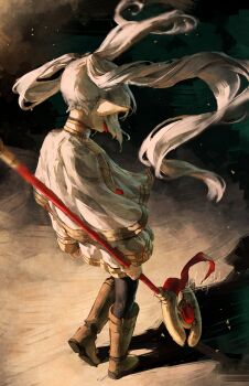 1girl absurdres arkilide artist_name black_pantyhose blurry boots brown_boots capelet commentary depth_of_field earrings elf frieren from_above from_behind full_body highres holding holding_staff jewelry long_hair mage_staff pantyhose pointy_ears shadow signature solo sousou_no_frieren staff teardrop_earrings twintails white_capelet white_hair wind