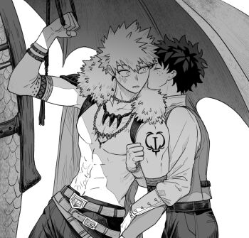 2boys abs arm_up armlet bakugou_katsuki belt boku_no_hero_academia bracelet cape collared_shirt commentary_request dragon facial_scar freckles fur-trimmed_cape fur_trim greyscale hand_on_another's_arm highres jewelry kiss kissing_cheek korean_commentary labhu long_sleeves looking_to_the_side male_focus midoriya_izuku monochrome multiple_boys necklace official_alternate_costume pants pectorals scar scar_on_cheek scar_on_chest scar_on_face shirt shoulder_tattoo sideways_glance tattoo vest white_background yaoi