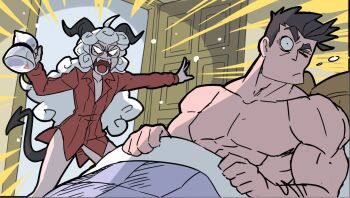 1boy 1girl ahoge angry bed black_hair black_horns black_tail blank_eyes blanket coffee_pot comic commentary demon_girl demon_horns demon_tail door doorway unworn_eyewear glasses helltaker helltaker_(character) highres holding holding_coffee_pot horns indoors kyo-hei_(kyouhei) long_hair no_pants pandemonica_(helltaker) red_shirt shirt short_hair silent_comic symbol-only_commentary tail under_covers white_hair