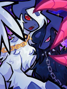 absol absurdres animal_focus asymmetrical_horns black_fur black_hair blue_horns body_fur chain chain_leash claws collar fangs feathered_wings gen_3_pokemon hair_over_one_eye highres horns leash looking_at_viewer mega_absol mega_absol_z mega_pokemon nebowskii nintendo no_humans one_eye_covered open_mouth pokemon pokemon_(creature) pokemon_focus pokemon_legends:_z-a red_eyes spiked_collar spikes uneven_horns white_fur white_hair white_wings wings