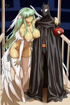 1boy 1girl alternate_costume angel_wings animal_print bare_shoulders batman batman_(cosplay) batman_(series) belt bird_wings black_cape black_nails bodysuit breasts bridal_gauntlets capcom cape cleavage cosplay cowl darkstalkers dc_comics demon_girl feathered_wings feathers fur-trimmed_leotard fur_trim gloves green_eyes green_hair grey_bodysuit halloween halloween_bucket halloween_costume haraya_manawari head_wings high_heels highleg highleg_leotard large_breasts leotard long_hair looking_at_viewer marvel marvel_vs._capcom mask morrigan_aensland night night_sky off-shoulder_leotard sky spider-man spider-man_(series) spider_web_print superhero_costume taut_bodysuit thighhighs utility_belt white_leotard white_thighhighs white_wings wings