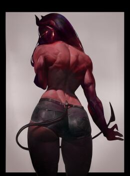 Rule 34 | 1girl, absurdres, back, back muscles, colored skin, commentary, demon, demon girl, demon horns, demon tail, denim, denim shorts, dispatch, english commentary, facing away, glowing, glowing eyes, highres, horns, looking at viewer, looking back, malevola (dispatch), red skin, short shorts, shorts, simple background, solo, tail, the antin
