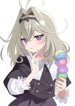 Rule 34 | 1girl, antenna hair, black capelet, buttons, capelet, commentary request, double-breasted, food, food on face, grey hair, hair intakes, hair ribbon, highres, holding, holding food, holding ice cream, ice cream, ice cream on face, jewelry, looking at viewer, medium hair, meitantei precure!, moria luluka, necklace, piyopoyo, precure, purple eyes, ribbon, solo, three-quarter sleeves, upper body, white background