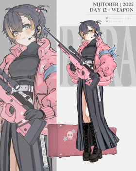 1girl absurdres ai_arctic_warfare arm_ribbon artist_name beads bealouis_illu black_boots black_dress black_gloves black_hair blonde_hair blue_eyes blush bolt_action boots breasts coat commentary dress english_commentary full_body gloves grey_background gun hair_beads hair_ornament hairclip headset highres holding holding_gun holding_weapon medium_breasts multicolored_hair nijisanji nijisanji_en petra_gurin pink_coat ribbon rifle short_hair short_side_ponytail skull_hair_ornament sniper_rifle solo streaked_hair twitter_username virtual_youtuber weapon zoom_layer
