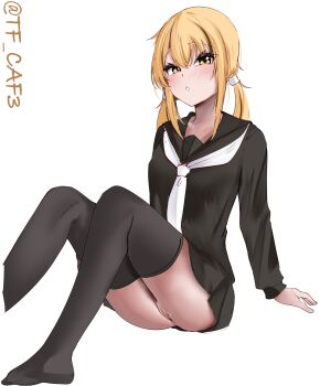 1girl absurdres black_sailor_collar black_serafuku black_shirt black_skirt black_thighhighs blonde_hair blush brown_eyes collarbone commentary_request feet_out_of_frame hair_between_eyes highres kantai_collection knees_up long_hair long_sleeves looking_at_viewer low_twintails necktie no_panties no_shoes one-hour_drawing_challenge parted_lips pussy sailor_collar satsuki_(kancolle) school_uniform serafuku shirt simple_background sitting skirt solo tf_cafe thighhighs twintails twitter_username uncensored white_background white_necktie