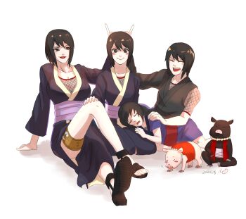 1girl black_hair black_kimono blush blush_stickers female_focus highres holster japanese_clothes kimono legs may_c_(lovemeiko) multiple_persona naruto:_road_to_ninja naruto_(series) naruto_shippuuden aged_up pet pig shizune_(naruto) sitting smile thigh_holster thigh_strap tonton_(naruto) aged_down