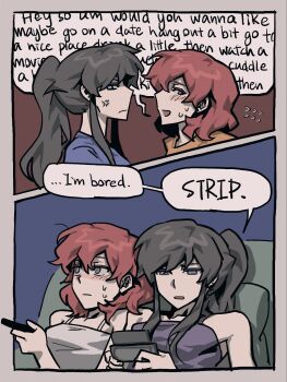 2girls 2koma annoyed ari_(class_of_09) assertive_female black_hair bugs_bug_me class_of_09 comic english_text highres multiple_girls nicole_(class_of_09) red_hair speech_bubble thought_bubble yuri