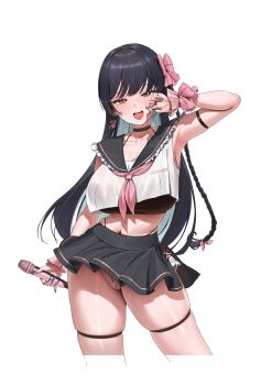 1girl absurdres arm_at_side armpits black_bra black_hair black_sailor_collar black_skirt blue_nails bow bra breasts chochomi collarbone commentary crop_top crop_top_overhang cropped_legs fake_nails fingernails hair_bow hand_up heart heart_sticker highres holding holding_microphone large_breasts long_fingernails long_hair looking_at_viewer microphone microskirt mole mole_under_eye navel neckerchief open_mouth orange_eyes original panty_straps pearl_thong pink_bow pink_neckerchief revealing_clothes sailor_collar shirt simple_background skindentation skirt sleeveless sleeveless_shirt smile solo sticker sticker_on_face straight_hair swept_bangs thigh_strap underwear white_background white_shirt wrist_bow