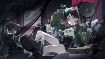 1girl 3d_glasses :3 alraune an-an_lee ankle_boots arm_up backpack bag belt black_belt black_boots black_choker black_gloves black_hair black_skirt boots bottle choker clothes_writing couch crossed_legs crt danbaofan_omuless dark_background eyewear_on_head feet_on_table film_grain fingerless_gloves full_body gauze gauze_on_knee gloves green_jacket hands_up highres holding holding_megaphone jacket looking_at_viewer looking_to_the_side medium_hair megaphone miniskirt monster_girl ofuda on_couch open_clothes open_jacket pencil_skirt plant_girl ponytail reverse:1999 shirt shirt_tucked_in sitting skirt socks solo static television white_shirt white_socks yellow_eyes yin_yang