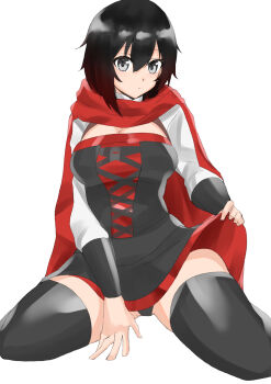 1girl absurdres belt black_dress black_footwear black_hair cape cloak corset cross dress female_focus frilled_dress frills gradient_hair grey_eyes highres hood hooded_cloak long_sleeves multicolored_hair multiple_belts red_cape red_hair ruby_rose rwby short_hair solo thighhighs two-tone_hair
