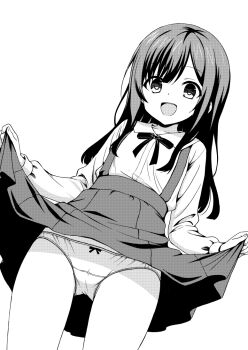 1girl bow bow_panties chikaneki clothes_lift lifting_own_clothes loli long_hair monochrome open_mouth original panties shirt skirt skirt_lift smile solo suspender_skirt suspenders thighs underwear