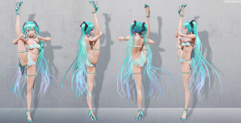 1girl 3d absurdres aliasing aqua_eyes aqua_hair arm_up armpits ass blush bra breasts cameltoe eyelashes fingernails flexible from_behind full_body groin_tendon hatsune_miku high_heels highres leg_lift leg_up leslyzerosix lips long_hair looking_at_viewer medium_breasts multiple_views nail_polish panties partially_visible_vulva profile see-through_clothes smile split standing standing_on_one_leg standing_split striped_bra striped_clothes striped_panties thighhighs thighs twintails underboob underwear upskirt v very_long_hair vocaloid