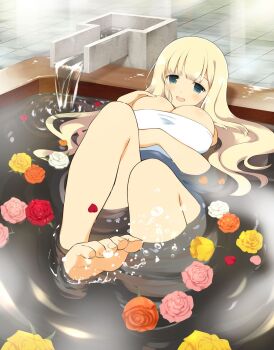 1girl :d aqua_eyes barefoot bath bathing bathroom bathtub blonde_hair blush body_blush breasts bursting_breasts cleavage feet flower foot_focus fountain green_eyes highres large_breasts leg_up long_hair naked_towel official_art open_mouth orange_flower orange_petals orange_rose partially_submerged petals pink_flower pink_petals pink_rose red_flower red_petals red_rose rose rose_petals senran_kagura senran_kagura_new_wave senran_kagura_shoujo-tachi_no_shin'ei smile solo splashing tile_floor tiles towel water water_drop white_flower white_petals white_rose yaegashi_nan yellow_flower yellow_rose yomi_(senran_kagura)