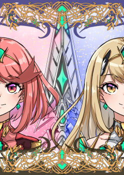 2girls aegis_sword_(xenoblade) blonde_hair bob_cut border closed_mouth commentary_request highres long_hair medium_hair multiple_girls mythra_(xenoblade) ornate_border pyra_(xenoblade) red_eyes red_hair smile sofusan1526 tiara xenoblade_chronicles_(series) xenoblade_chronicles_2 yellow_eyes