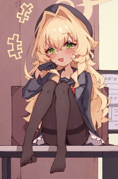 Rule 34 | absurdres, black jacket, black sailor collar, black shirt, black skirt, blonde hair, blue archive, feet, fluffy hair, gloves, green eyes, halo, highres, hrnt, jacket, monitor, on table, over-kneehighs, pantyhose, professor niyaniya (blue archive), red ribbon, ribbon, sailor collar, shirt, skirt, suitcase, table, thighhighs