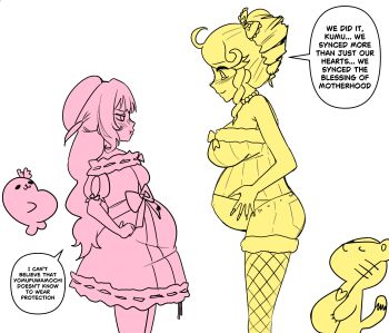 ._. 2girls 2others :3 absurdres animal_ears belt_bow beret big_belly blush bow breasts chest_bow choker cupid cupii_(kumu_cotton) drill_hair drill_sidelocks english_text fishnets gyaru hair_bow hat heart heartsync highres huge_breasts jewelry kumu_cotton large_breasts lifeline_(siena_olena) long_hair multiple_girls multiple_others multiple_pregnancy necklace outie_navel partially_colored pearl_necklace pout pregnant seal_(animal) shorts side_drill sidelocks siena_olena siena_olena_(artist) smile tail tearing_up tiger tiger_ears tiger_tail virtual_youtuber white_background wings