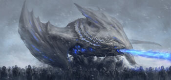 6+others a_song_of_ice_and_fire animal_focus blue_eyes blue_fire breath_weapon breathing_fire commentary dragon english_commentary fire full_body game_of_thrones giant giant_monster glowing grey_sky highres horns monster multiple_others open_mouth outdoors painterly people scales sharp_teeth sky snowing teeth theelka viserion western_dragon wings wyvern