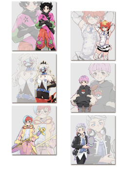 Rule 34 | 3boys, 3girls, absurdres, ahoge, arms behind head, atticus (pokemon), atticus (pokemon) (cosplay), backpack, bag, black eyes, black gloves, black hair, black hoodie, black jacket, black pants, black shorts, blonde hair, blue hair, blue necktie, blue vest, boots, bright pupils, brown bag, cane, closed mouth, coat, collared shirt, commentary, cosplay, costume switch, crossed arms, dafenpipixia, detached collar, eri (pokemon), eri (pokemon) (cosplay), facepaint, giacomo (pokemon), giacomo (pokemon) (cosplay), glasses, gloves, grey eyes, grey hair, grin, hands in pockets, headphones, highres, holding, holding cane, hood, hoodie, jacket, logo, looking at viewer, mela (pokemon), mela (pokemon) (cosplay), multicolored hair, multiple boys, multiple girls, necktie, nintendo, open clothes, open coat, ortega (pokemon), ortega (pokemon) (cosplay), pants, pantyhose, penny (pokemon), penny (pokemon) (cosplay), pink coat, pink hair, pink pants, poke ball print, pokemon, pokemon sv, red footwear, red hair, round eyewear, see-through clothes, see-through skirt, shirt, shoes, short hair, shorts, skirt, smile, standing, star (symbol), team star, teeth, thigh boots, two-tone hair, vest, white background, white pupils, white shirt, white vest, yellow footwear