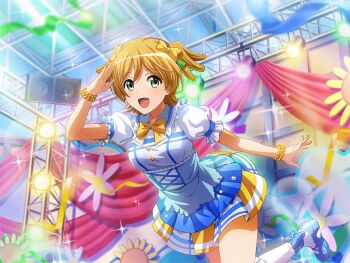 1girl bead_bracelet beads blue_dress blue_shoes bow bowtie bracelet daiba_nana dress game_cg green_eyes jewelry kimi_no_kokoro_wa_kagayaiteru_kai? looking_at_viewer love_live! love_live!_sunshine!! mary_janes official_art open_mouth puffy_short_sleeves puffy_sleeves purple_bow shoes short_hair short_sleeves shoujo_kageki_revue_starlight shoujo_kageki_revue_starlight_-re_live- socks solo speaker stage stage_lights standing standing_on_one_leg two_side_up upper_body white_socks yellow_bow yellow_bowtie