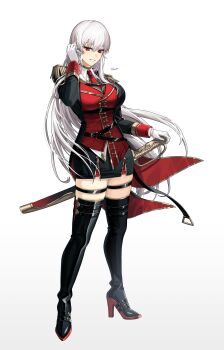 Rule 34 | 1girl, absurdres, black boots, black jacket, black skirt, boots, collared shirt, commentary, commentary request, commission, dot nose, dress shirt, eyebrows hidden by hair, genshi yuki, gloves, gold trim, hair behind ear, hair between eyes, hand in own hair, hand on weapon, high heel boots, high heels, highres, indie virtual youtuber, jacket, light smile, long hair, long sleeves, military uniform, miniskirt, necktie, parted lips, red eyes, red necktie, red vest, saber (weapon), shirt, signature, skirt, solo, standing, sword, tatsuma daisuke, thigh boots, thigh strap, vest, virtual youtuber, weapon, white background, white gloves, white hair, white shirt