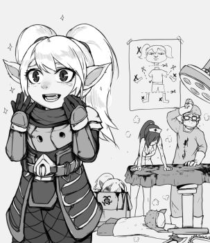 2boys 2girls akali akali_(legacy) alternate_costume arm_support armor axe bad_id bad_pixiv_id bare_shoulders bespectacled biohazard_symbol blood blood_on_clothes blood_stain box breasts cardboard_box chainsaw cleavage diagram doctor exhausted fang glasses greyscale happy hat highres kennen lamp league_of_legends long_hair looking_at_another lying mask monochrome mouth_mask multiple_boys multiple_girls nurse_akali nurse_cap on_stomach open_mouth operating_table pointy_ears ponytail poppy_(league_of_legends) poster_(object) scalpel scofa shen_(league_of_legends) short_hair slit_pupils small_breasts sparkle surgeon surgeon_shen surgical_mask table twintails weapon when_you_see_it yordle