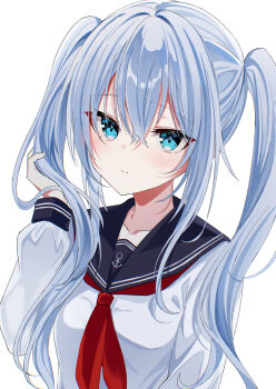 1girl alternate_hairstyle black_sailor_collar blue_eyes commentary_request fathom grey_hair hibiki_(kancolle) highres holding holding_own_hair kantai_collection long_hair looking_at_viewer neckerchief red_neckerchief sailor_collar sailor_shirt shirt simple_background solo twintails upper_body white_background white_shirt