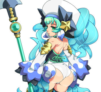 Rule 34 | 1girl, ass, bare shoulders, black horns, black shirt, commentary request, detached sleeves, from behind, green eyes, green hair, green trim, hat, highleg, highleg leotard, highres, horns, jellyfish girl, leotard, leotard under clothes, looking back, mitsuki (shinrabanshou), monster girl, omiya (louise-louis-lucille), shinrabanshou, shirt, sleeveless, sleeveless shirt, sleeves past fingers, sleeves past wrists, solo, tentacles, white background, white hat, white leotard, white mouth