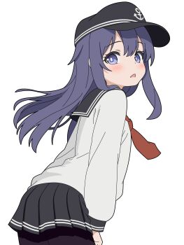Rule 34 | 1girl, absurdres, akatsuki (kancolle), black hat, black pantyhose, black sailor collar, black skirt, cowboy shot, flat cap, from behind, hat, highres, kantai collection, looking at viewer, neckerchief, pantyhose, pleated skirt, purple eyes, purple hair, red neckerchief, sailor collar, sailor shirt, school uniform, serafuku, shirt, simple background, skirt, solo, sugapi, white background, white shirt