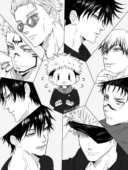 absurdres bags_under_eyes bandages black_hair choso_(jujutsu_kaisen) expressionless fushiguro_megumi fushiguro_touji glasses gojou_satoru hair_between_eyes hair_up highres itadori_yuuji jujutsu_kaisen licking_lips multiple_boys nanami_kento okkotsu_yuuta parted_bangs ryoumen_sukuna_(jujutsu_kaisen) short_hair smile split_screen sweat tongue tongue_out white_hair zenin_naoya