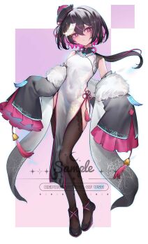 1girl absurdres black_hair black_thighhighs chinese_clothes colored_inner_hair covered_navel facial_mark full_body hat highres jewelry looking_at_viewer multicolored_hair necklace ofuda original parted_lips pink_eyes pink_hair qingdai_guanmao sample_watermark solo thighhighs two-tone_hair watermark yinber