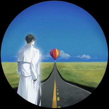 1boy aircraft animated animated_gif black_hair blue_sky circle cloud cloudy_sky coat day feet_out_of_frame from_behind hands_in_pockets highres horizon hot_air_balloon kim_dokja male_focus omniscient_reader&#039;s_viewpoint open_clothes open_coat plain road short_hair sky solo standing tanppopo9 vision_test white_coat