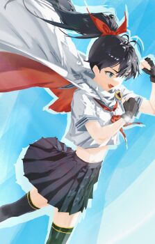 1girl absurdres antenna_hair arm_up black_gloves black_hair black_skirt black_thighhighs blue_eyes bow cape cobwvmeti cropped_shirt fang fingerless_gloves floating_cape floating_hair ganaha_hibiki gloves hair_bow hand_up highres idolmaster idolmaster_(classic) long_hair midriff neckerchief open_mouth pleated_skirt ponytail red_bow red_neckerchief school_uniform serafuku shirt short_sleeves skirt solo superhero_costume thighhighs white_cape white_shirt