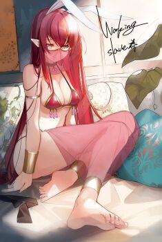 1girl absurdres animal_ears arm_strap bare_shoulders barefoot bed bikini black_choker bracelet breasts choker cleavage closed_mouth commentary_request commission dancer dungeon_and_fighter fake_animal_ears feet female_mage_(dungeon_and_fighter) gold_trim halterneck harem_outfit harem_pants highres jewelry long_hair looking_at_viewer medium_breasts mouth_veil nishikikope on_bed pants pillow pointy_ears rabbit_ears red_bikini red_eyes red_hair revealing_clothes second-party_source see-through_clothes see-through_pants sitting skeb_commission smile soles solo string_bikini swimsuit thighs toes veil very_long_hair working_slave_(character)