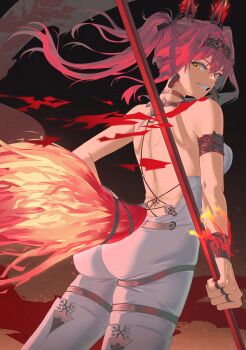 1girl absurdres armlet ass backless_bodysuit bare_shoulders black_bow bodysuit bow collar commentary_request cowboy_shot earrings grin hair_bow hairband hand_on_own_hip headgear highres jewelry korean_commentary long_hair looking_at_viewer looking_back lupa_(wuthering_waves) median_furrow metal_collar metal_hairband nininininil pink_hair shoulder_blades smile solo white_bodysuit wolf wrist_guards wuthering_waves yellow_eyes