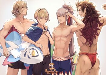 4boys armpits ass black_hairband blonde_hair blue_cape brothers brown_hair cape copyright_name fire_emblem fire_emblem_fates fire_emblem_heroes flexing fundoshi grey_hair hairband hand_on_another&#039;s_shoulder holding holding_swim_ring innertube jammers japanese_clothes kurosawa_tetsu leo_(fire_emblem_fates) leo_(fire_emblem_fates) leo_(seashore&#039;s_prince)_(fire_emblem_fates) long_hair looking_at_viewer looking_back male_focus male_swimwear multiple_boys muscular muscular_male navel nintendo no_nipples official_alternate_costume pectorals ponytail red_fundoshi ryoma_(fire_emblem) ryoma_(hostile_springs)_(fire_emblem) short_hair siblings simple_background swim_ring swim_trunks takumi_(fire_emblem) takumi_(prince_at_play)_(fire_emblem) thighs toned toned_male topless_male very_long_hair xander_(fire_emblem) xander_(student_swimmer)_(fire_emblem)