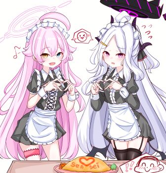 1boy 2girls absurdres ahoge apron black_dress black_halo black_thighhighs blue_archive blue_eyes blush breasts demon_horns demon_wings doodle_sensei_(blue_archive) dress garter_straps hair_between_eyes halo heart heart_hands highres hina_(blue_archive) horns hoshino_(blue_archive) long_hair long_sleeves looking_at_viewer love_triangle maid_apron maid_headdress multiple_girls open_mouth peroronti pink_hair pink_halo purple_eyes sensei_(blue_archive) small_breasts standing thigh_strap thighhighs thighs very_long_hair waist_apron white_apron white_background white_hair wings yellow_eyes