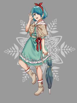 1girl :d alternate_costume blue_dress blue_eyes blue_hair blush boots bow bow_hairband bush capelet closed_mouth cloud cloudy_sky commentary dress floral_background frilled_dress frills furahata_gen grey_background grey_capelet hair_bow hairband hand_up highres holding holding_umbrella hood hood_down hooded_capelet karakasa_obake lolita_fashion looking_at_viewer medium_hair one_eye_closed open_mouth rainbow red_bow red_hairband sky smile solo standing tatara_kogasa teeth tongue tongue_out touhou tree umbrella upper_teeth_only white_boots