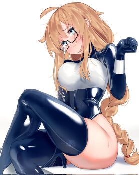1girl ahoge ass bare_hips black_thighhighs blonde_hair blue_eyes blush braid braided_ponytail commentary curvy english_commentary glasses gloves highres hip_focus indie_virtual_youtuber latex latex_leotard leotard maguro27 sweat thick_thighs thighhighs thighs virtual_youtuber whiskey_project
